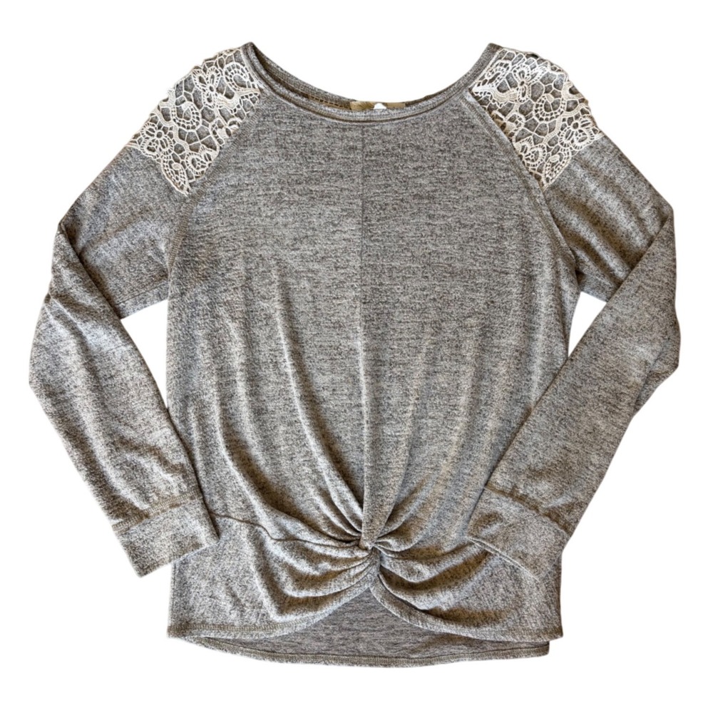 Rewind Womens XL Gray Heathered Knit Twist Front Top White Lace Crochet Shoulder